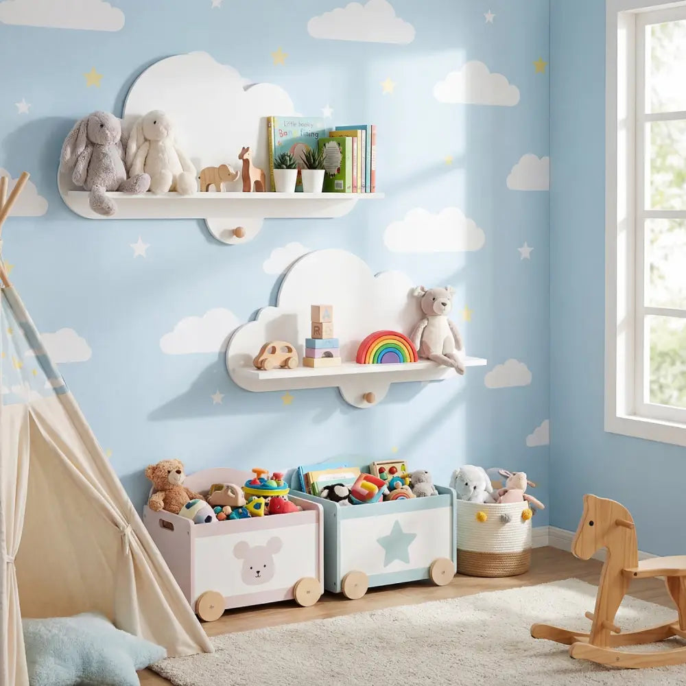 2 Pieces Floating Cloud Shelves Wall Mounted Storage Display Rack-White - White - Kids Storage