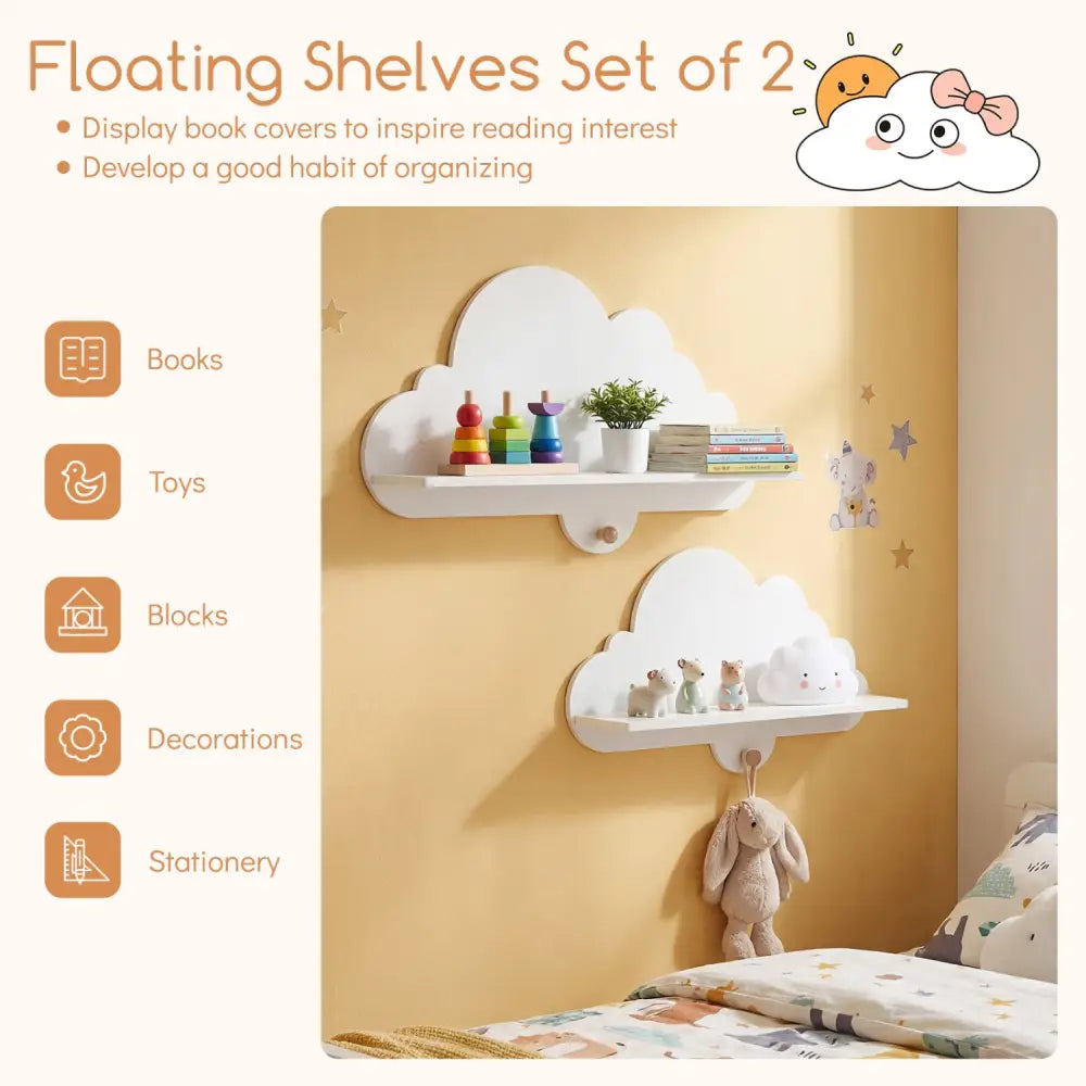 2 Pieces Floating Cloud Shelves Wall Mounted Storage Display Rack-White - White - Kids Storage