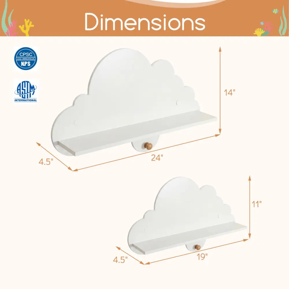 2 Pieces Floating Cloud Shelves Wall Mounted Storage Display Rack-White - White - Kids Storage