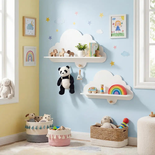 2 Pieces Floating Cloud Shelves Wall Mounted Storage Display Rack-White - White - Kids Storage