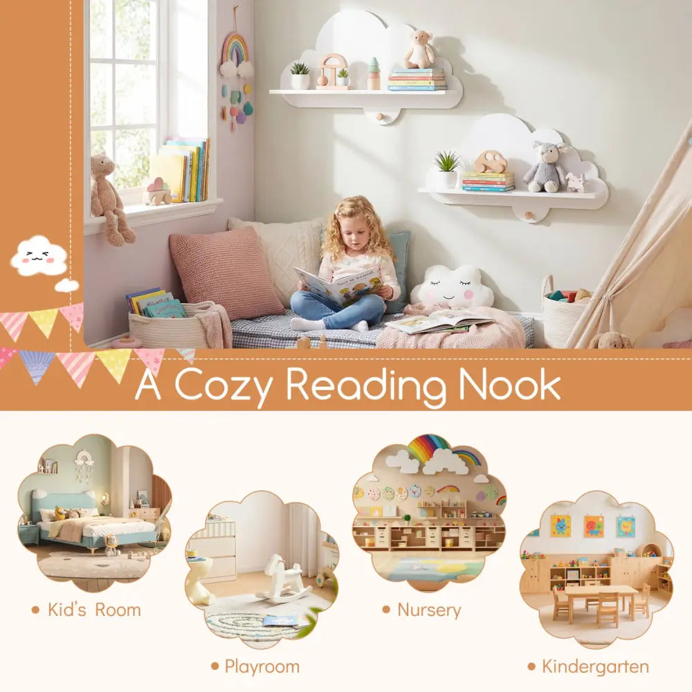 2 Pieces Floating Cloud Shelves Wall Mounted Storage Display Rack-White - White - Kids Storage