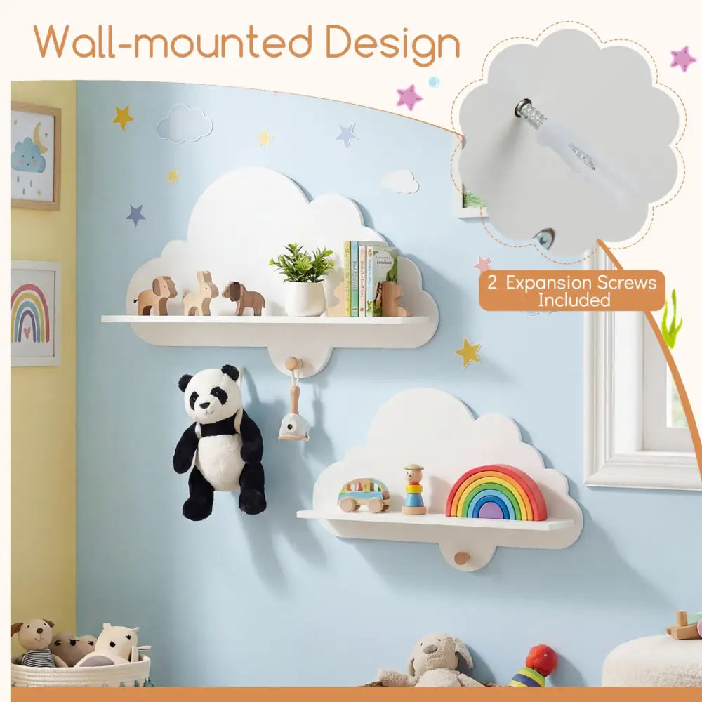 2 Pieces Floating Cloud Shelves Wall Mounted Storage Display Rack-White - White - Kids Storage