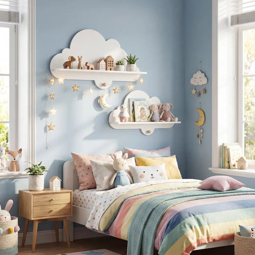 2 Pieces Floating Cloud Shelves Wall Mounted Storage Display Rack-White - White - Kids Storage