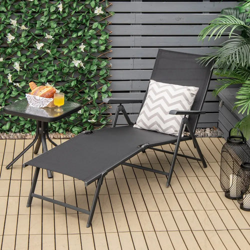 2 Pieces Foldable Chaise Lounge Chair with 2-Position Footrest-Black - Black - Outdoor Chaise Lounges