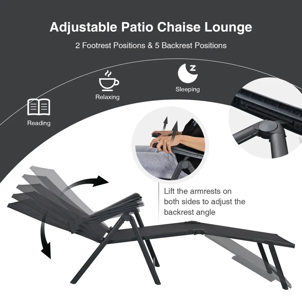 2 Pieces Foldable Chaise Lounge Chair with 2-Position Footrest-Black - Black - Outdoor Chaise Lounges