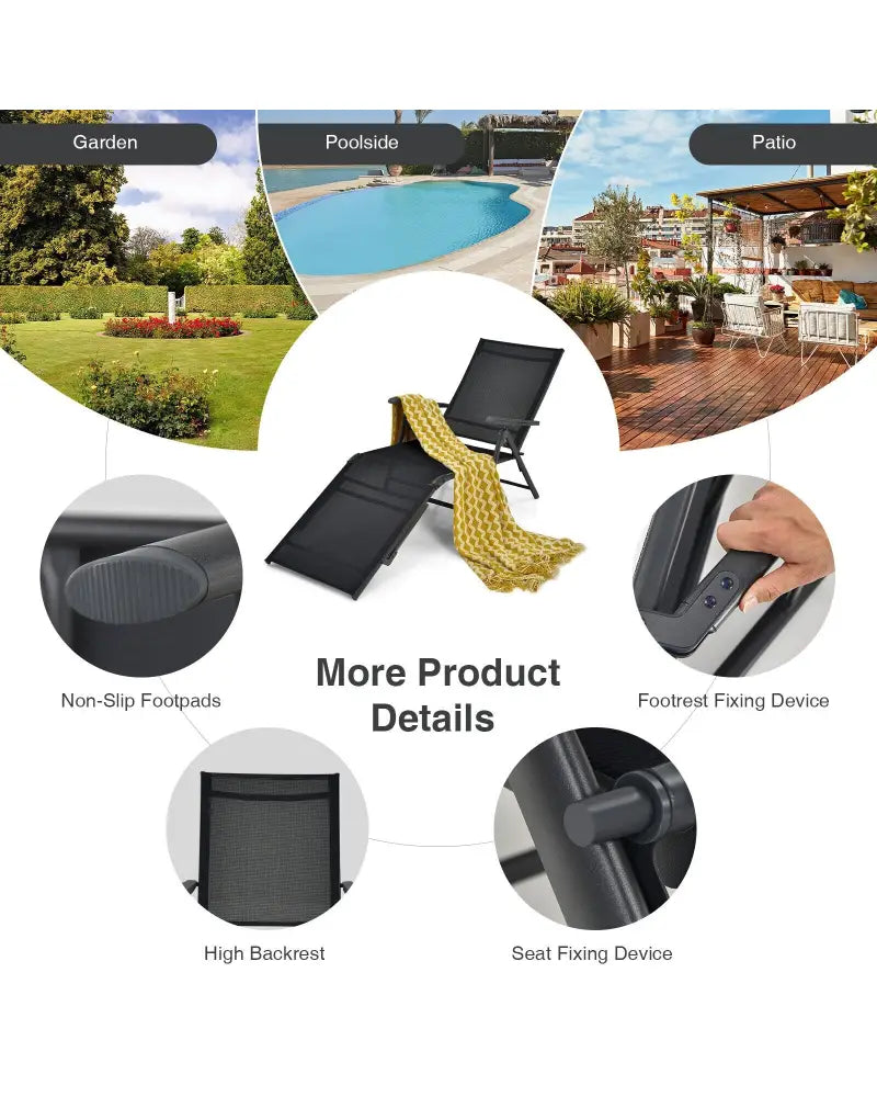 2 Pieces Foldable Chaise Lounge Chair with 2-Position Footrest-Black - Black - Outdoor Chaise Lounges