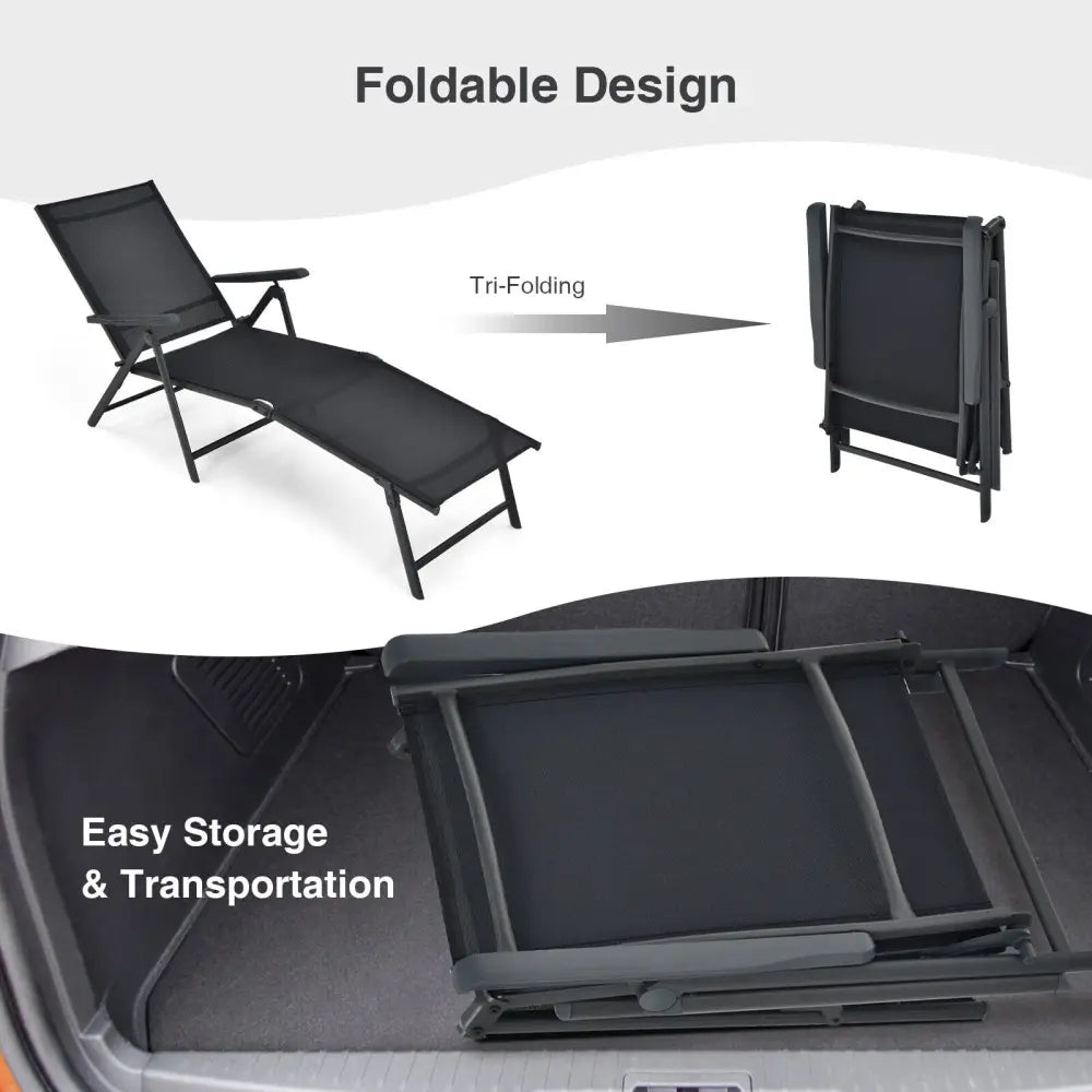 2 Pieces Foldable Chaise Lounge Chair with 2-Position Footrest-Black - Black - Outdoor Chaise Lounges
