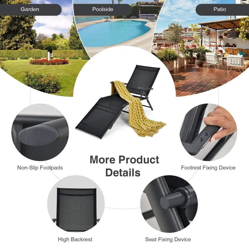 2 Pieces Foldable Chaise Lounge Chair with 2-Position Footrest-Black - Black - Outdoor Chaise Lounges