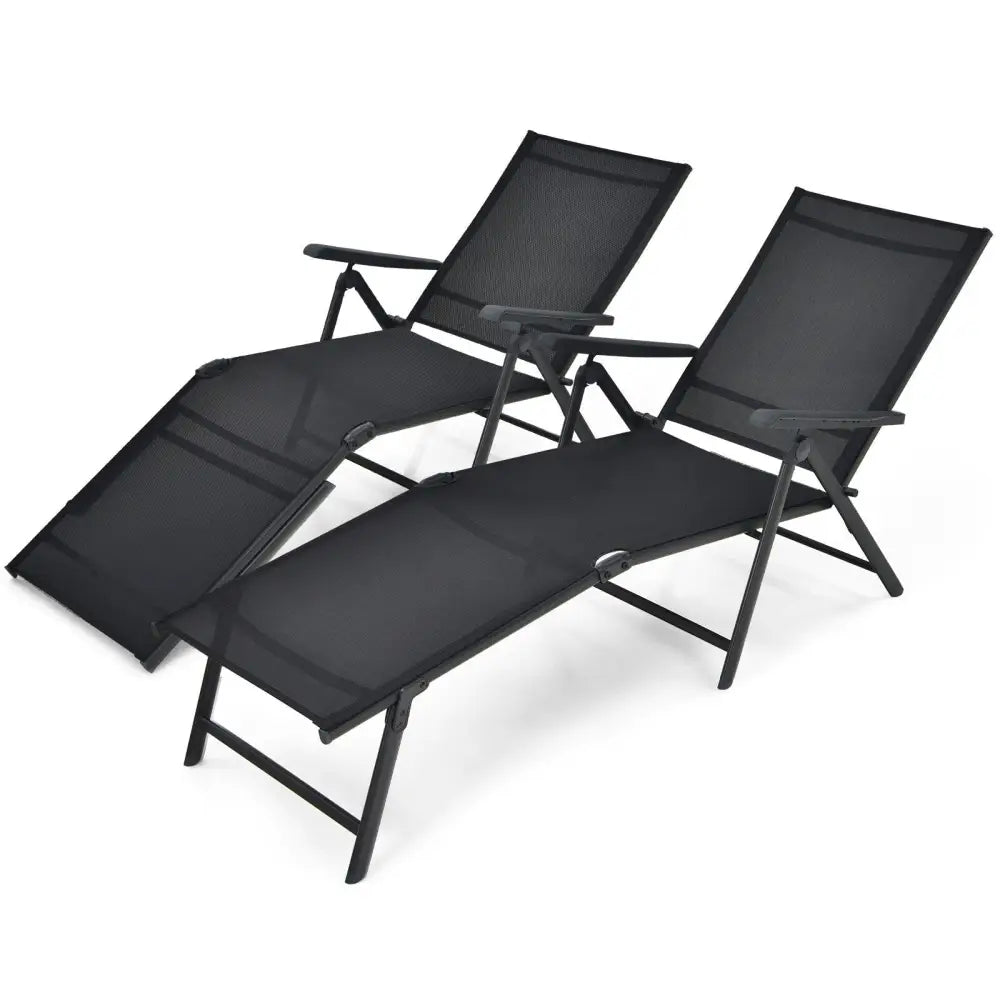 2 Pieces Foldable Chaise Lounge Chair with 2-Position Footrest-Black - Black - Outdoor Chaise Lounges