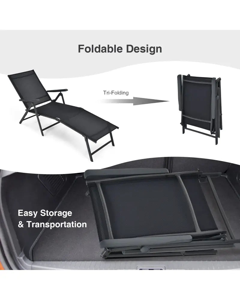 2 Pieces Foldable Chaise Lounge Chair with 2-Position Footrest-Black - Black - Outdoor Chaise Lounges