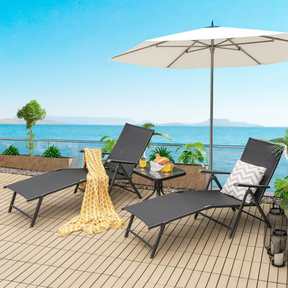 2 Pieces Foldable Chaise Lounge Chair with 2-Position Footrest-Black - Black - Outdoor Chaise Lounges