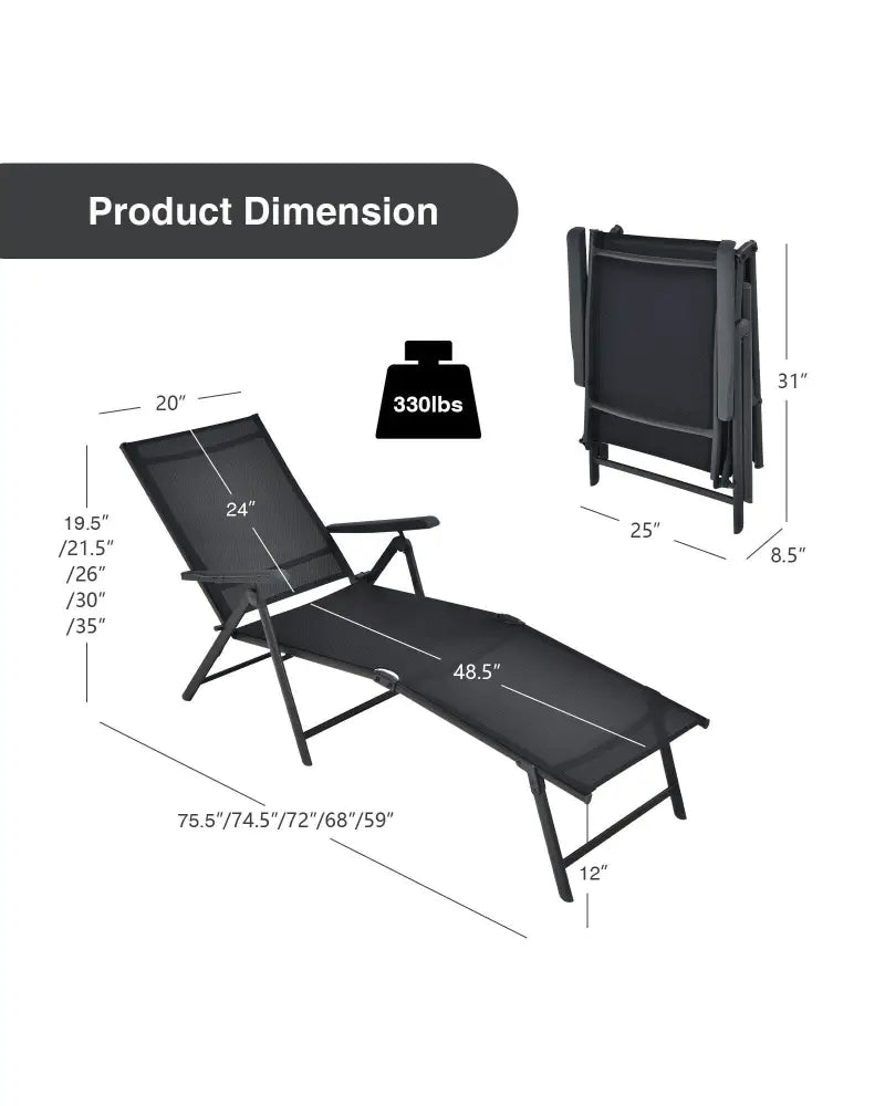 2 Pieces Foldable Chaise Lounge Chair with 2-Position Footrest-Black - Black - Outdoor Chaise Lounges