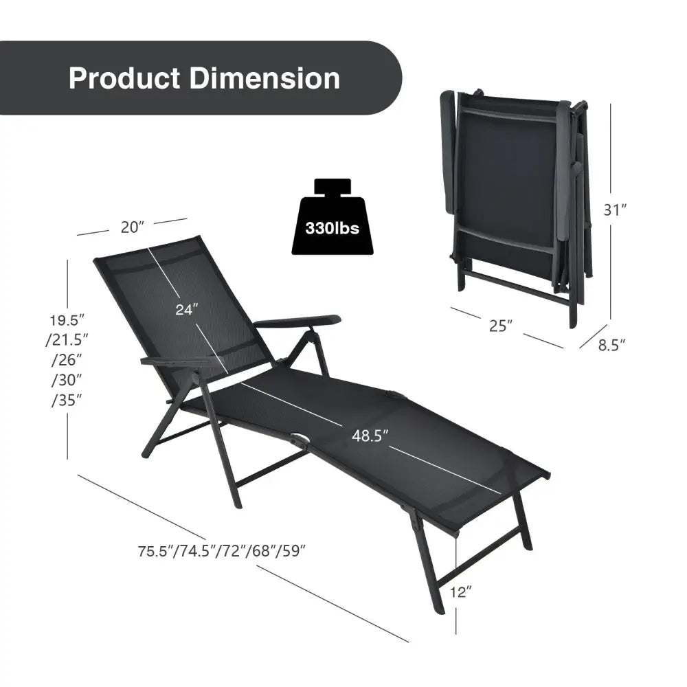 2 Pieces Foldable Chaise Lounge Chair with 2-Position Footrest-Black - Black - Outdoor Chaise Lounges