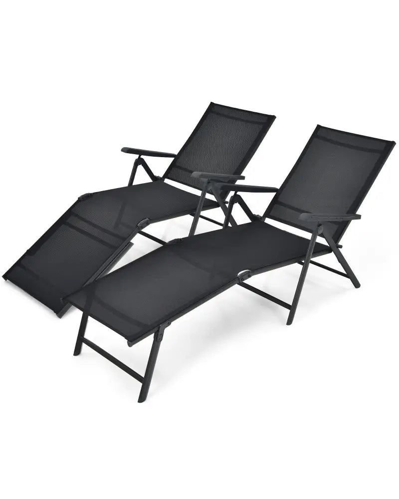 2 Pieces Foldable Chaise Lounge Chair with 2-Position Footrest-Black - Black - Outdoor Chaise Lounges