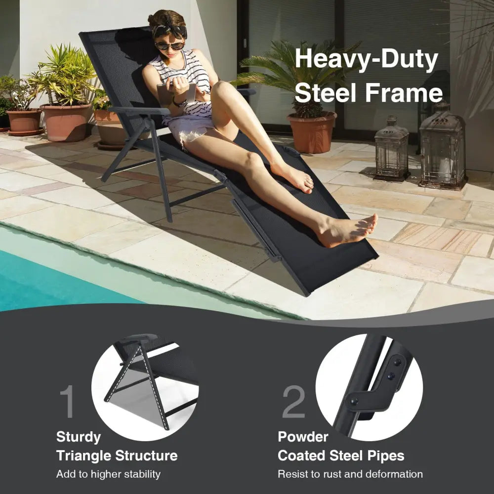 2 Pieces Foldable Chaise Lounge Chair with 2-Position Footrest-Black - Black - Outdoor Chaise Lounges
