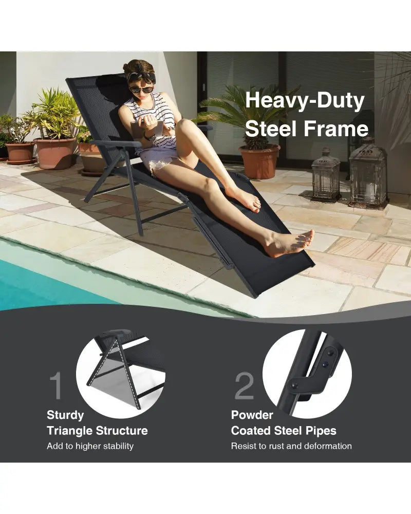 2 Pieces Foldable Chaise Lounge Chair with 2-Position Footrest-Black - Black - Outdoor Chaise Lounges
