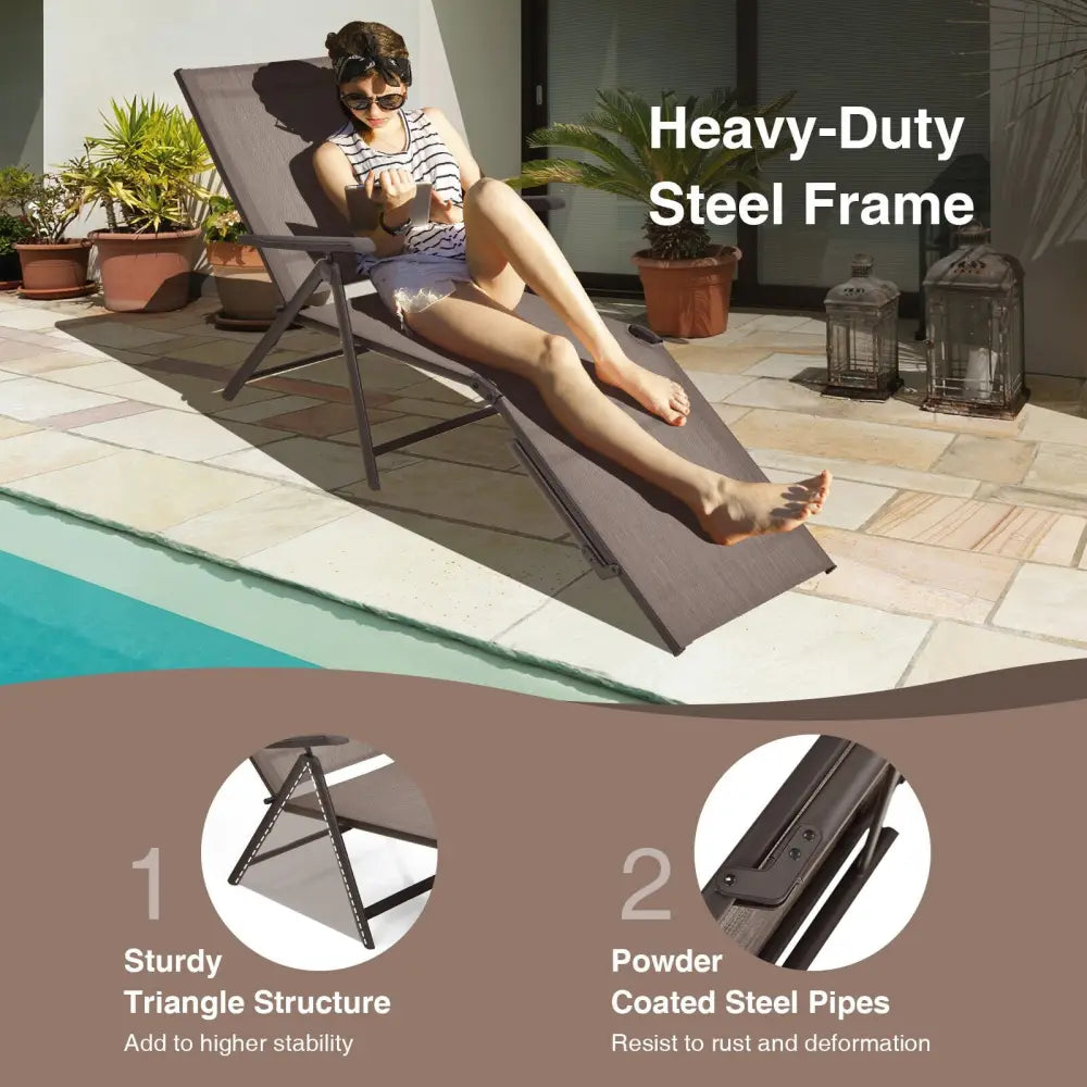 2 Pieces Foldable Chaise Lounge Chair with 2-Position Footrest-Brown - Brown - Outdoor Chaise Lounges