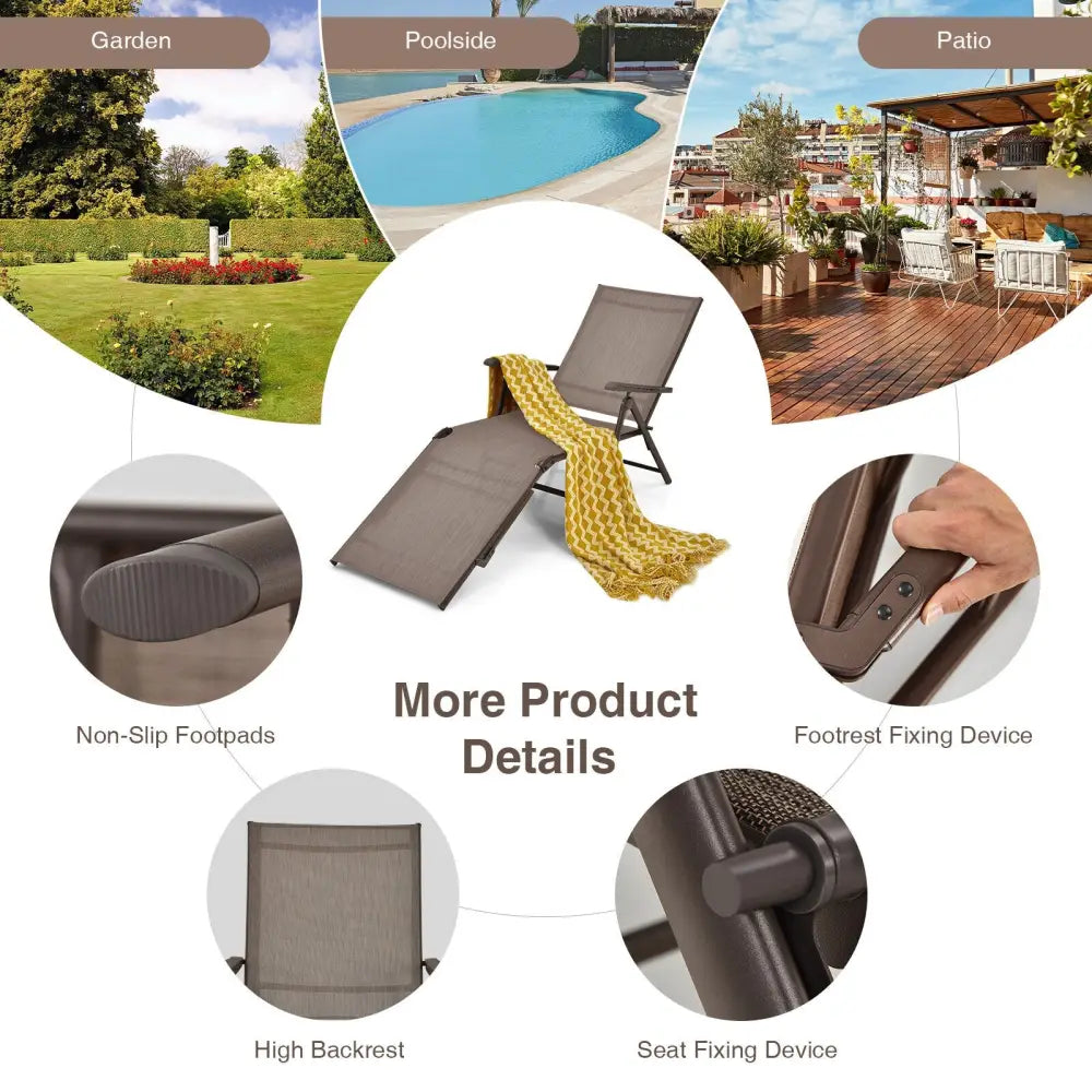 2 Pieces Foldable Chaise Lounge Chair with 2-Position Footrest-Brown - Brown - Outdoor Chaise Lounges