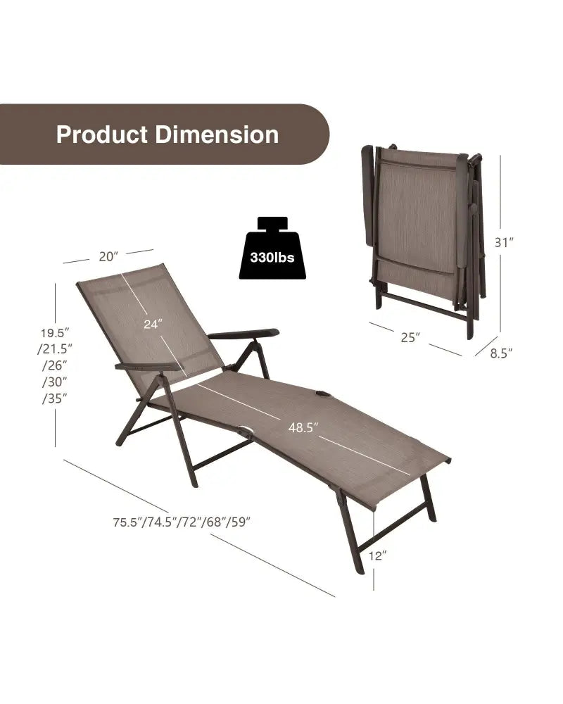 2 Pieces Foldable Chaise Lounge Chair with 2-Position Footrest-Brown - Brown - Outdoor Chaise Lounges