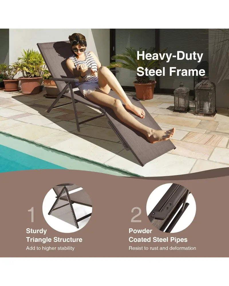 2 Pieces Foldable Chaise Lounge Chair with 2-Position Footrest-Brown - Brown - Outdoor Chaise Lounges
