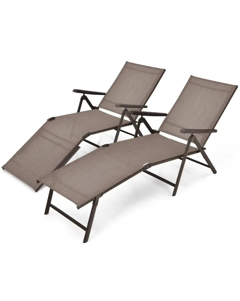 2 Pieces Foldable Chaise Lounge Chair with 2-Position Footrest-Brown - Brown - Outdoor Chaise Lounges