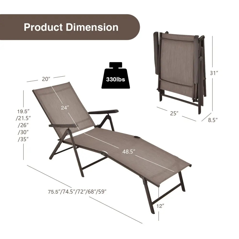 2 Pieces Foldable Chaise Lounge Chair with 2-Position Footrest-Brown - Brown - Outdoor Chaise Lounges