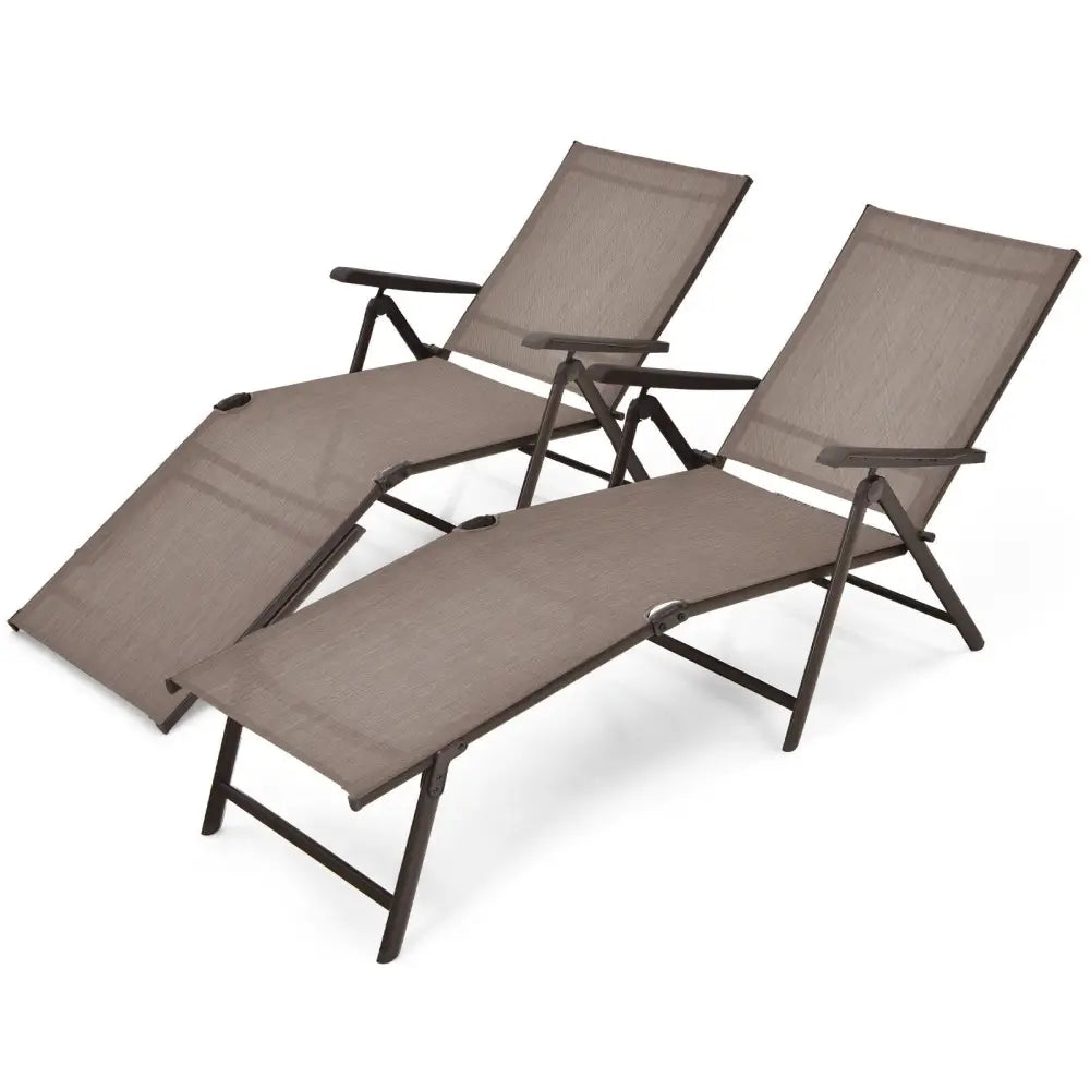 2 Pieces Foldable Chaise Lounge Chair with 2-Position Footrest-Brown - Brown - Outdoor Chaise Lounges
