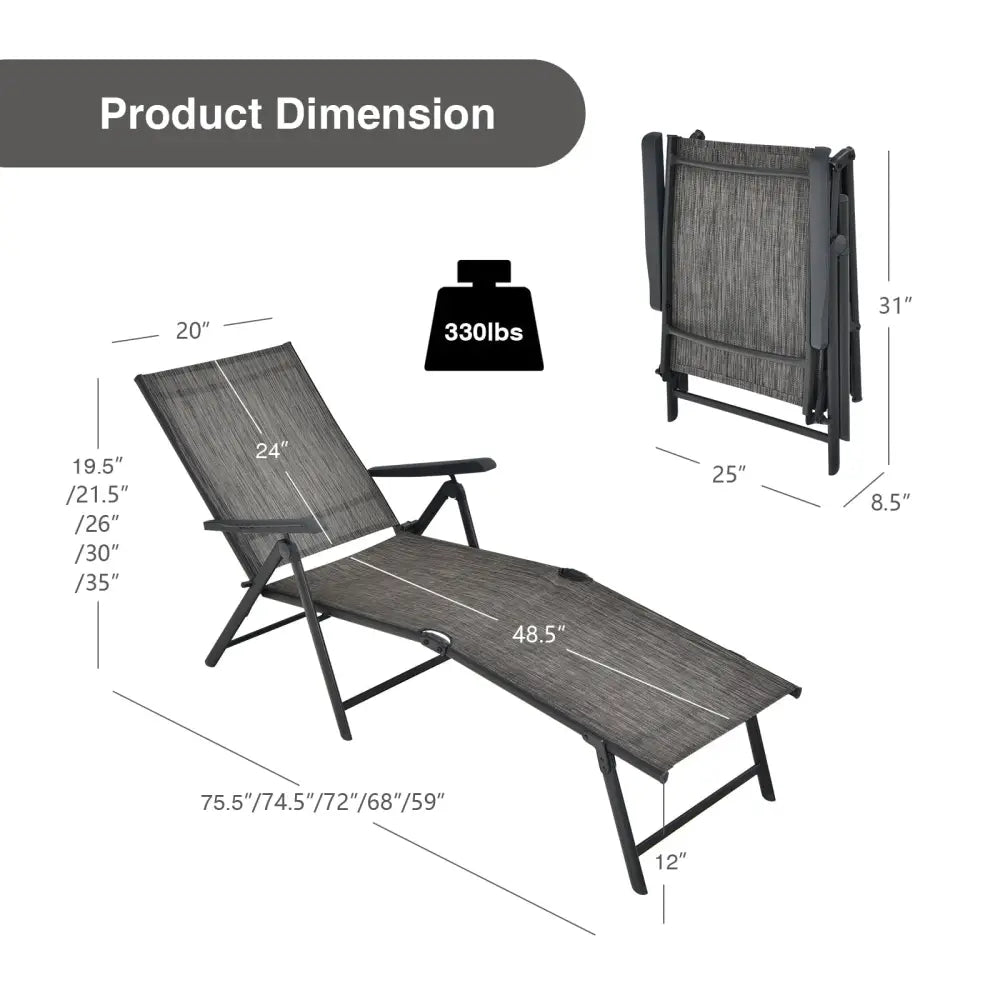 2 Pieces Foldable Chaise Lounge Chair with 2-Position Footrest-Gray - Gray - Outdoor Chaise Lounges