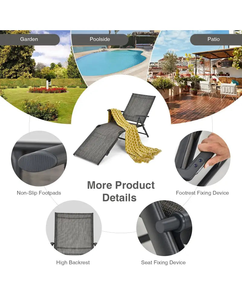 2 Pieces Foldable Chaise Lounge Chair with 2-Position Footrest-Gray - Gray - Outdoor Chaise Lounges
