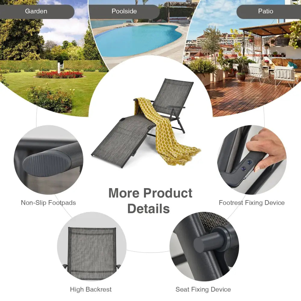 2 Pieces Foldable Chaise Lounge Chair with 2-Position Footrest-Gray - Gray - Outdoor Chaise Lounges