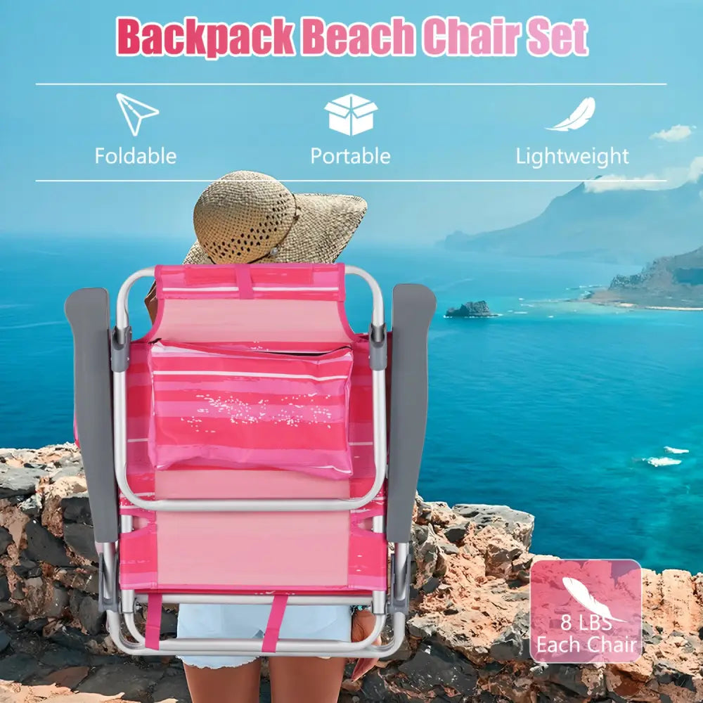 2 Pieces Folding Backpack Beach Chair with Pillow-Hot Pink - Hot Pink - Beach & Lawn Chairs