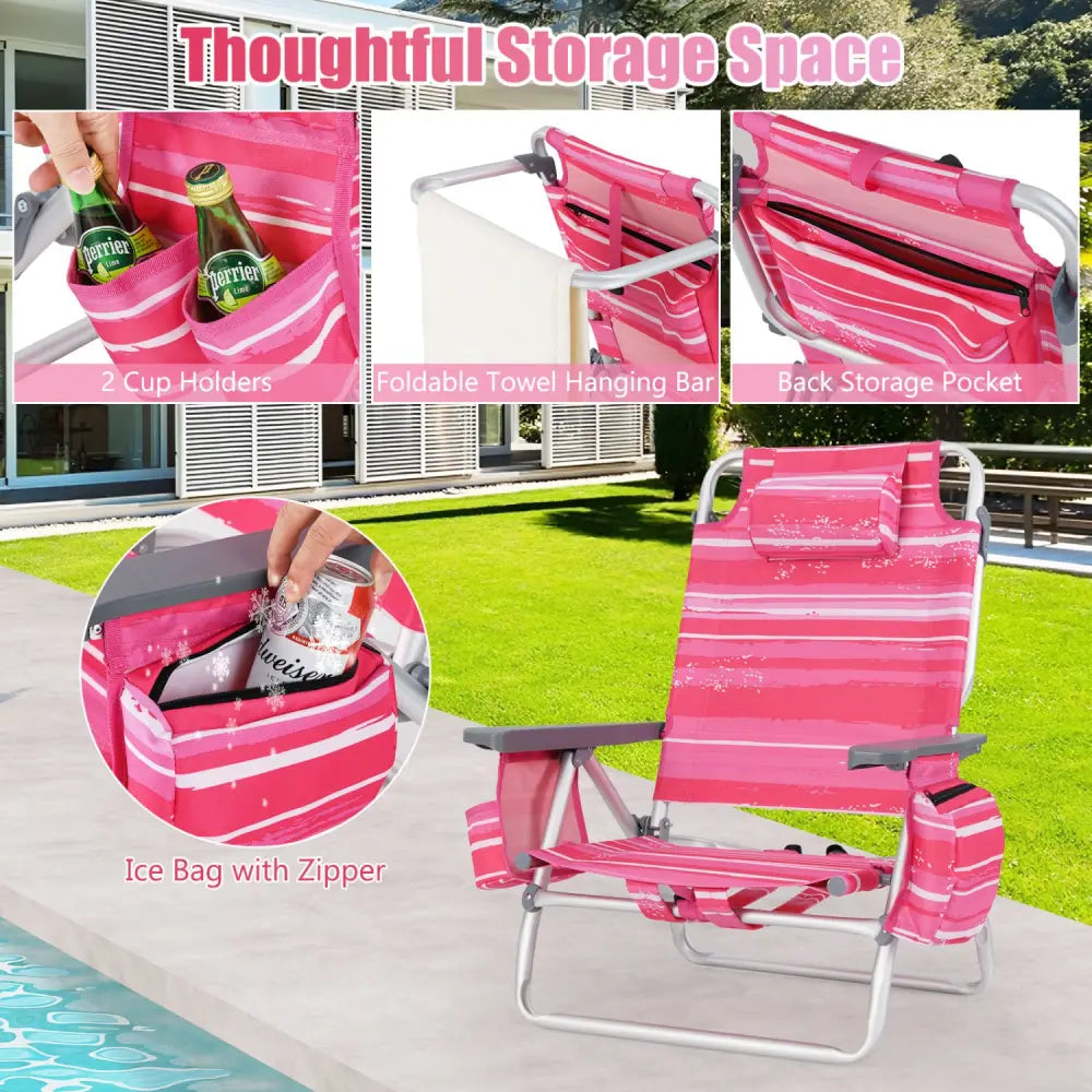 2 Pieces Folding Backpack Beach Chair with Pillow-Hot Pink - Hot Pink - Beach & Lawn Chairs