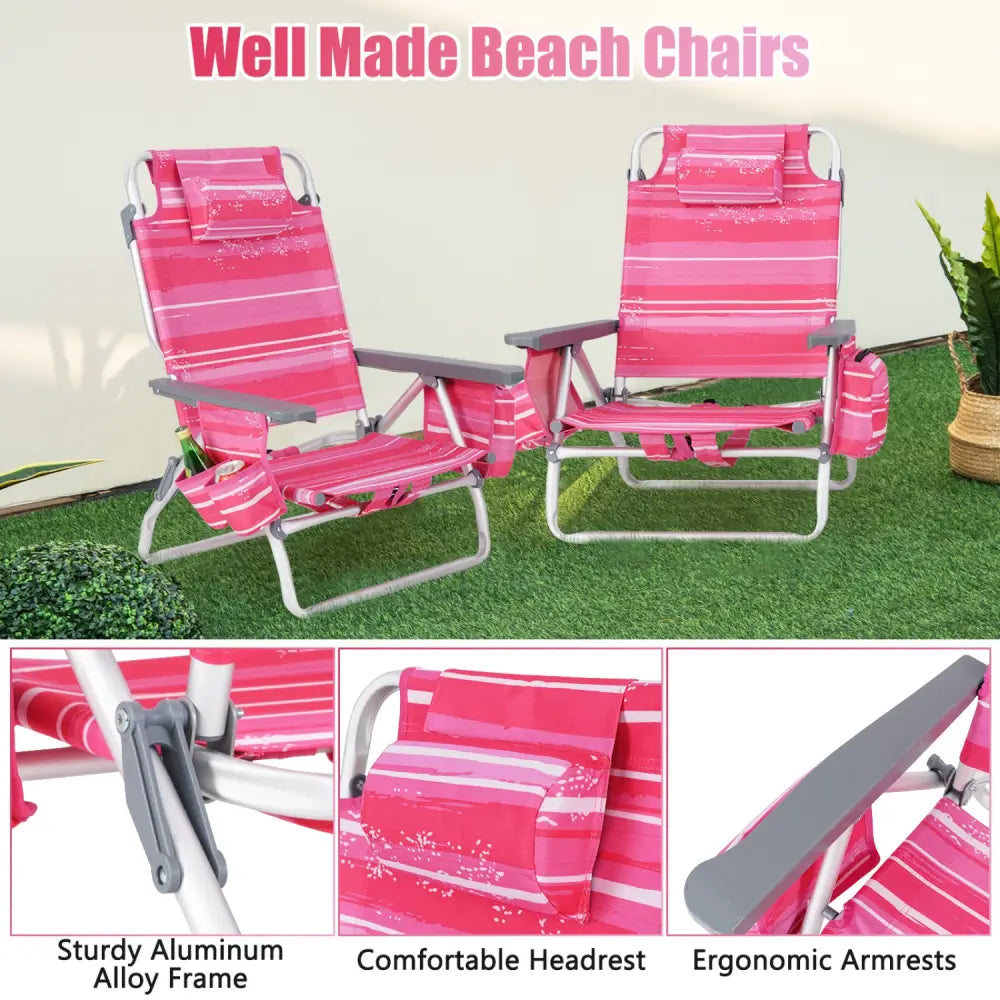 2 Pieces Folding Backpack Beach Chair with Pillow-Hot Pink - Hot Pink - Beach & Lawn Chairs