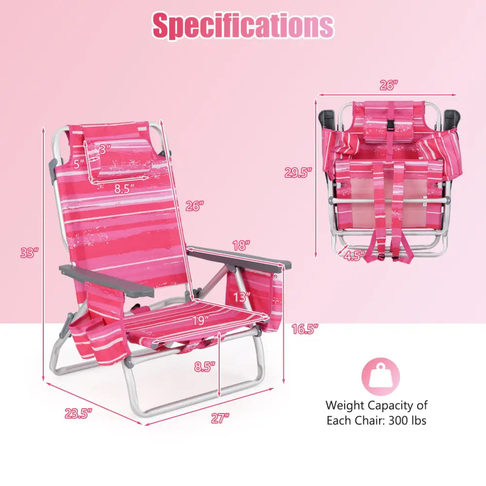 2 Pieces Folding Backpack Beach Chair with Pillow-Hot Pink - Hot Pink - Beach & Lawn Chairs