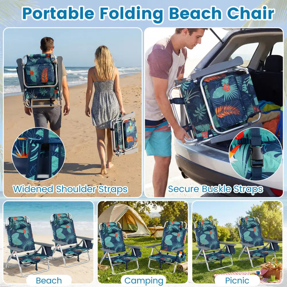 2 Pieces Folding Backpack Beach Chair with Pillow-Multicolor - Multicolor - Beach & Lawn Chairs