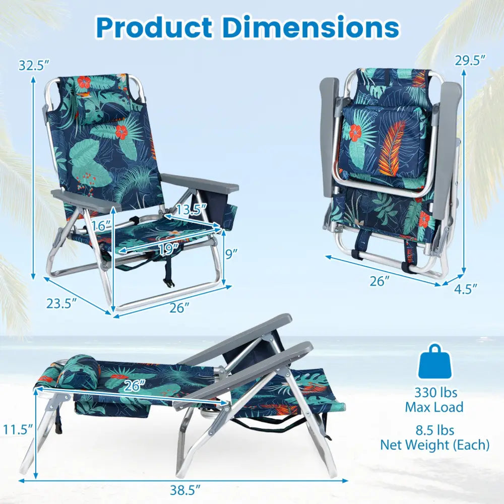 2 Pieces Folding Backpack Beach Chair with Pillow-Multicolor - Multicolor - Beach & Lawn Chairs