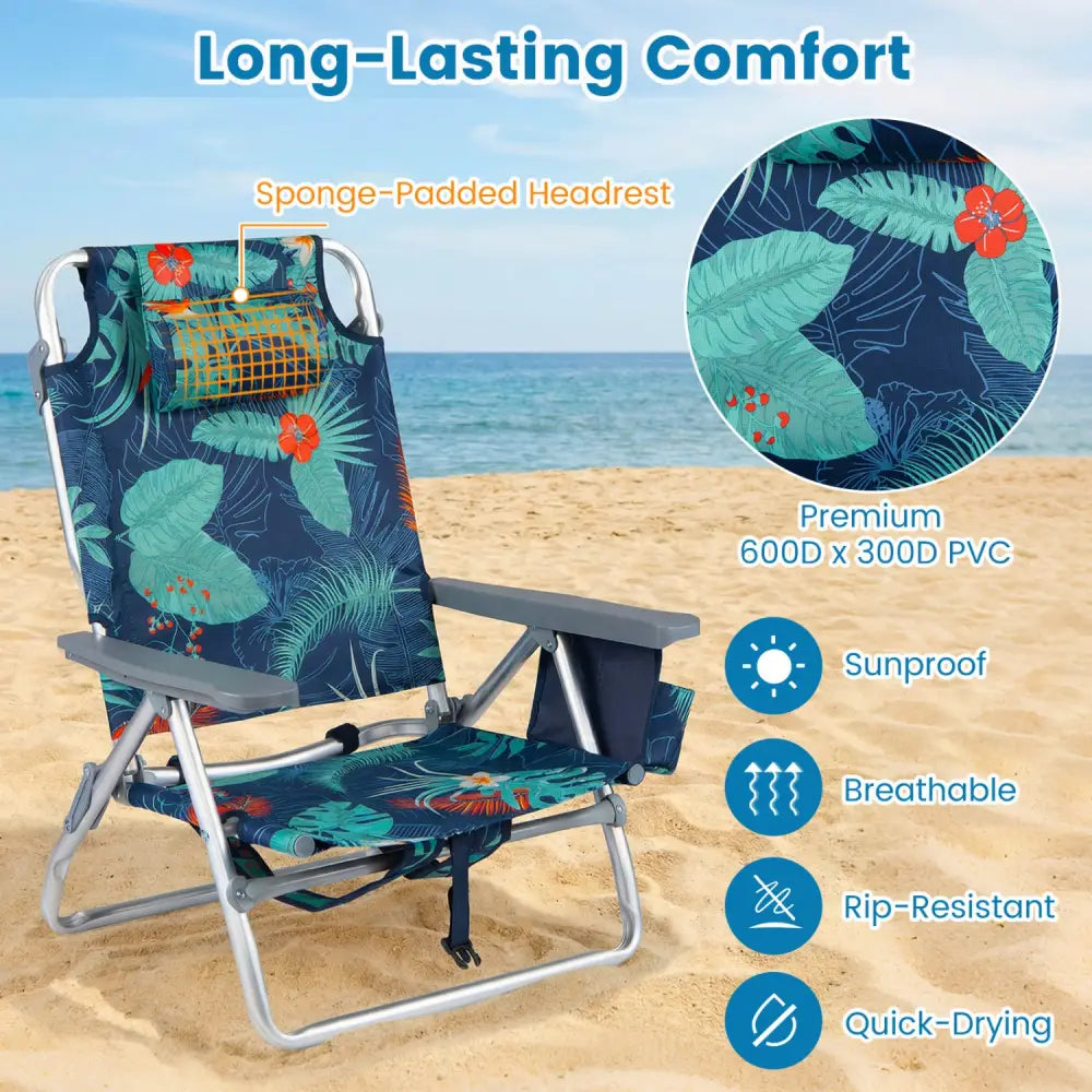 2 Pieces Folding Backpack Beach Chair with Pillow-Multicolor - Multicolor - Beach & Lawn Chairs