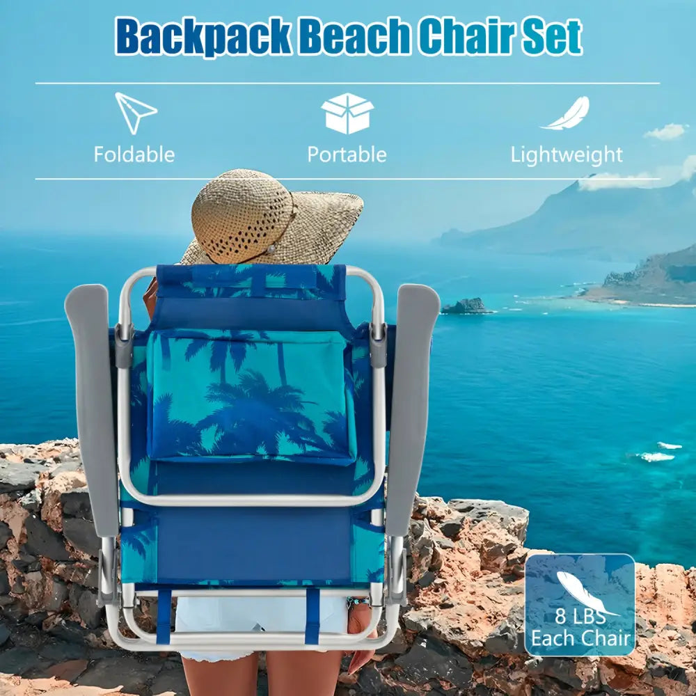 2 Pieces Folding Backpack Beach Chair with Pillow-Peacock Blue - Peacock Blue - Beach & Lawn Chairs