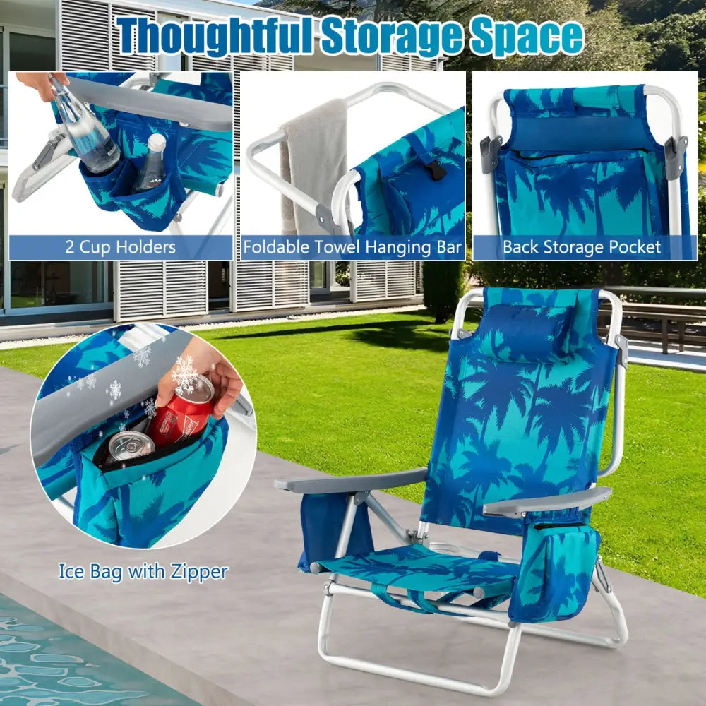 2 Pieces Folding Backpack Beach Chair with Pillow-Peacock Blue - Peacock Blue - Beach & Lawn Chairs