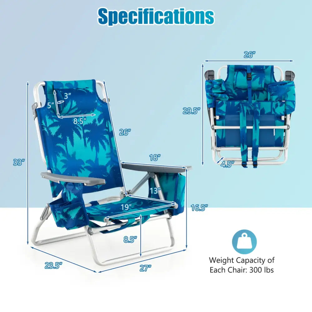 2 Pieces Folding Backpack Beach Chair with Pillow-Peacock Blue - Peacock Blue - Beach & Lawn Chairs