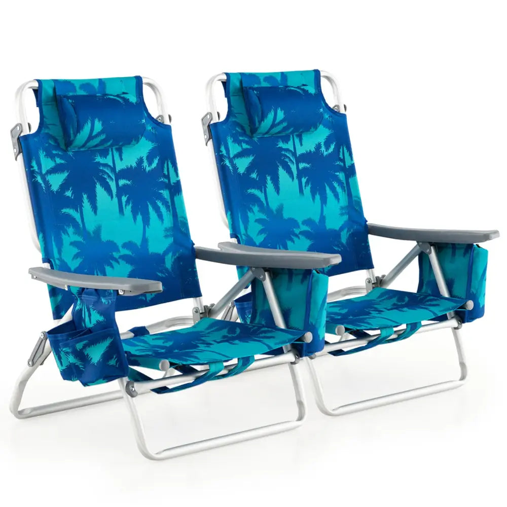 2 Pieces Folding Backpack Beach Chair with Pillow-Peacock Blue - Peacock Blue - Beach & Lawn Chairs