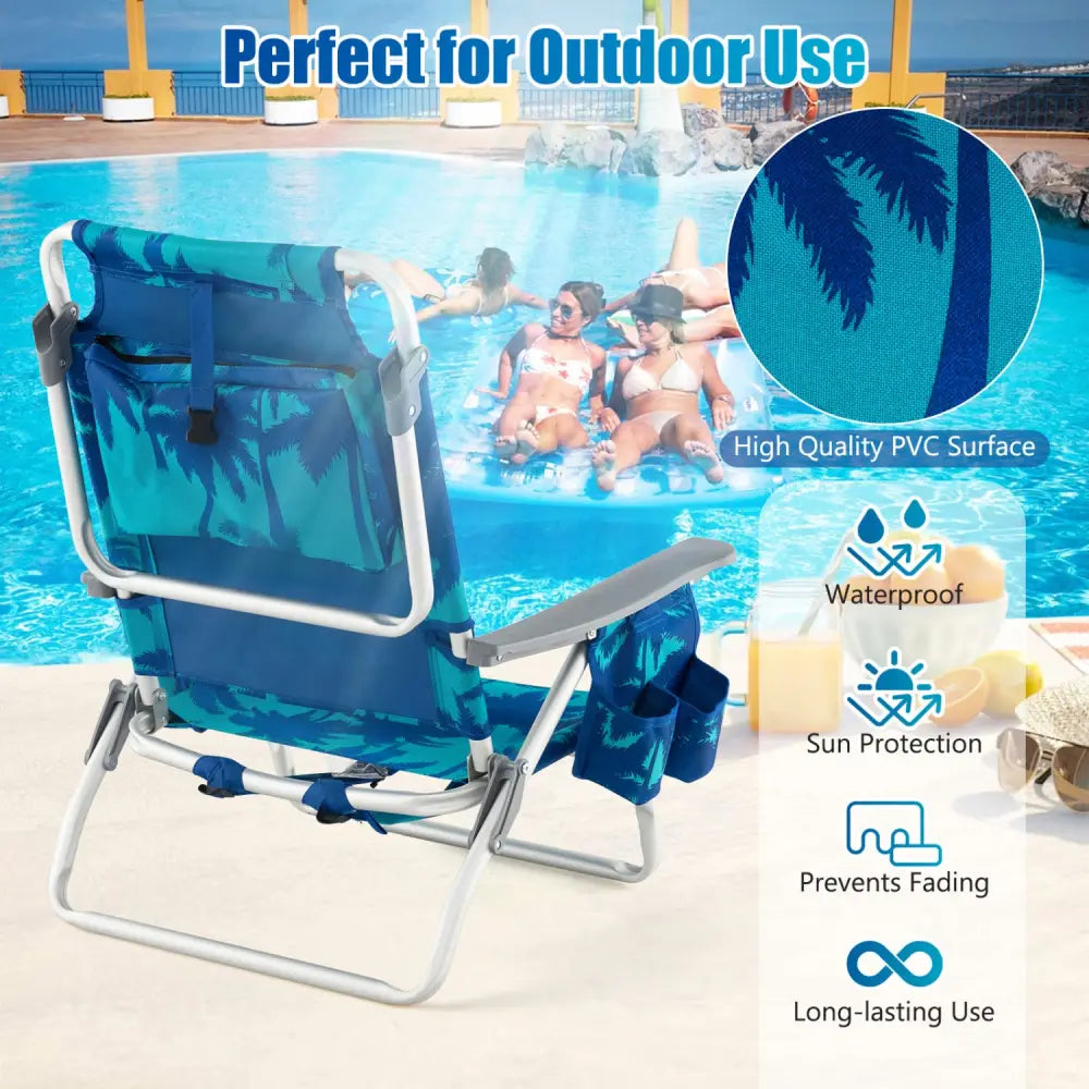 2 Pieces Folding Backpack Beach Chair with Pillow-Peacock Blue - Peacock Blue - Beach & Lawn Chairs