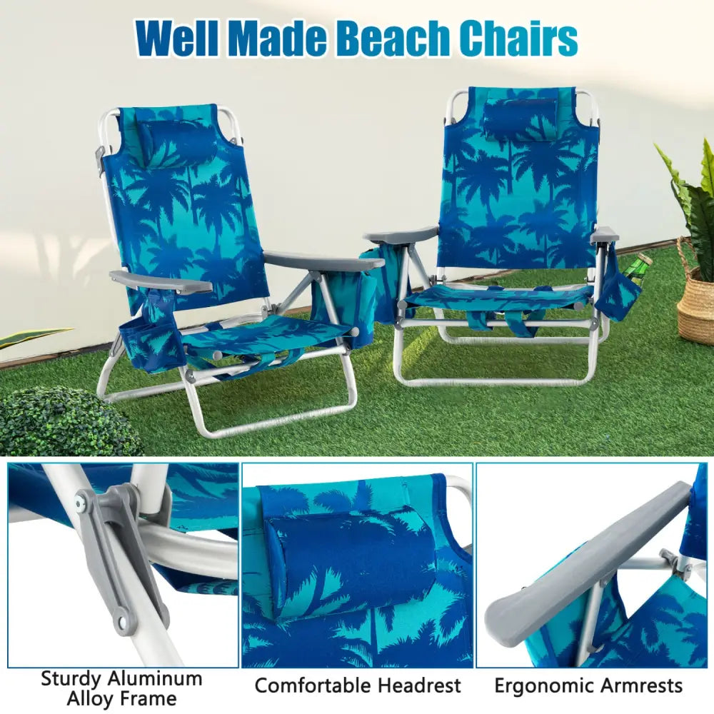 2 Pieces Folding Backpack Beach Chair with Pillow-Peacock Blue - Peacock Blue - Beach & Lawn Chairs