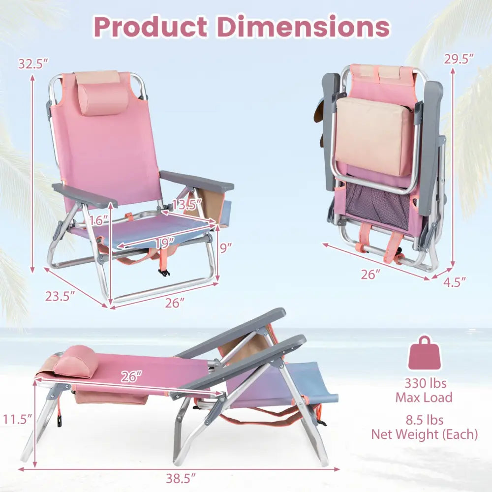 2 Pieces Folding Backpack Beach Chair with Pillow-Pink - Pink - Beach & Lawn Chairs