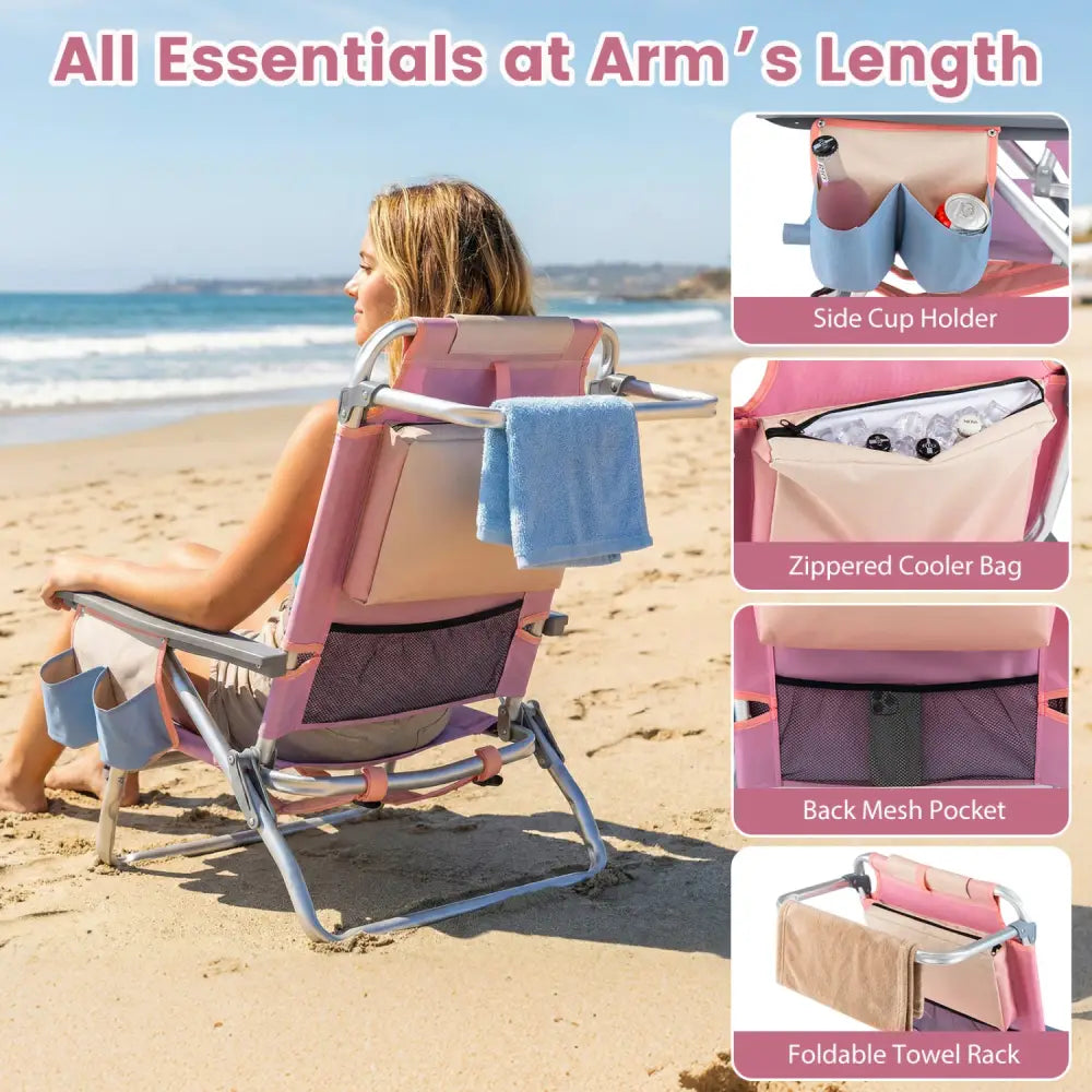 2 Pieces Folding Backpack Beach Chair with Pillow-Pink - Pink - Beach & Lawn Chairs