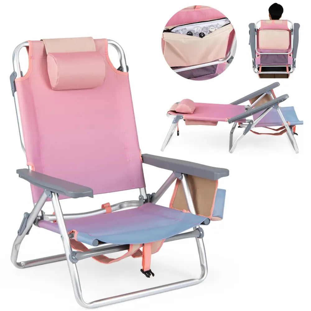 2 Pieces Folding Backpack Beach Chair with Pillow-Pink - Pink - Beach & Lawn Chairs