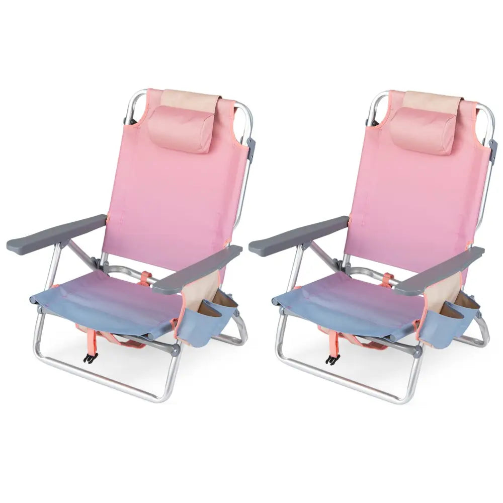 2 Pieces Folding Backpack Beach Chair with Pillow-Pink - Pink - Beach & Lawn Chairs