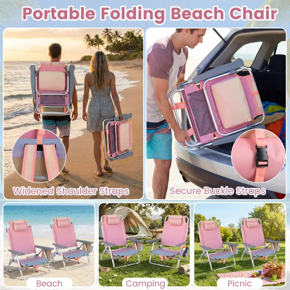 2 Pieces Folding Backpack Beach Chair with Pillow-Pink - Pink - Beach & Lawn Chairs