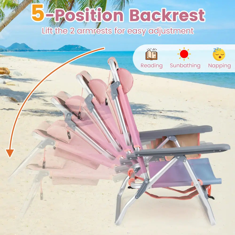 2 Pieces Folding Backpack Beach Chair with Pillow-Pink - Pink - Beach & Lawn Chairs