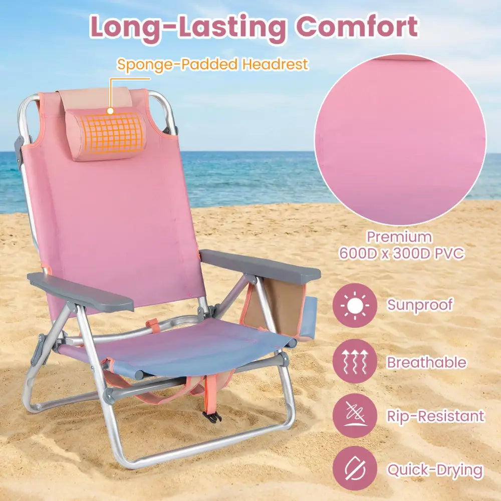 2 Pieces Folding Backpack Beach Chair with Pillow-Pink - Pink - Beach & Lawn Chairs